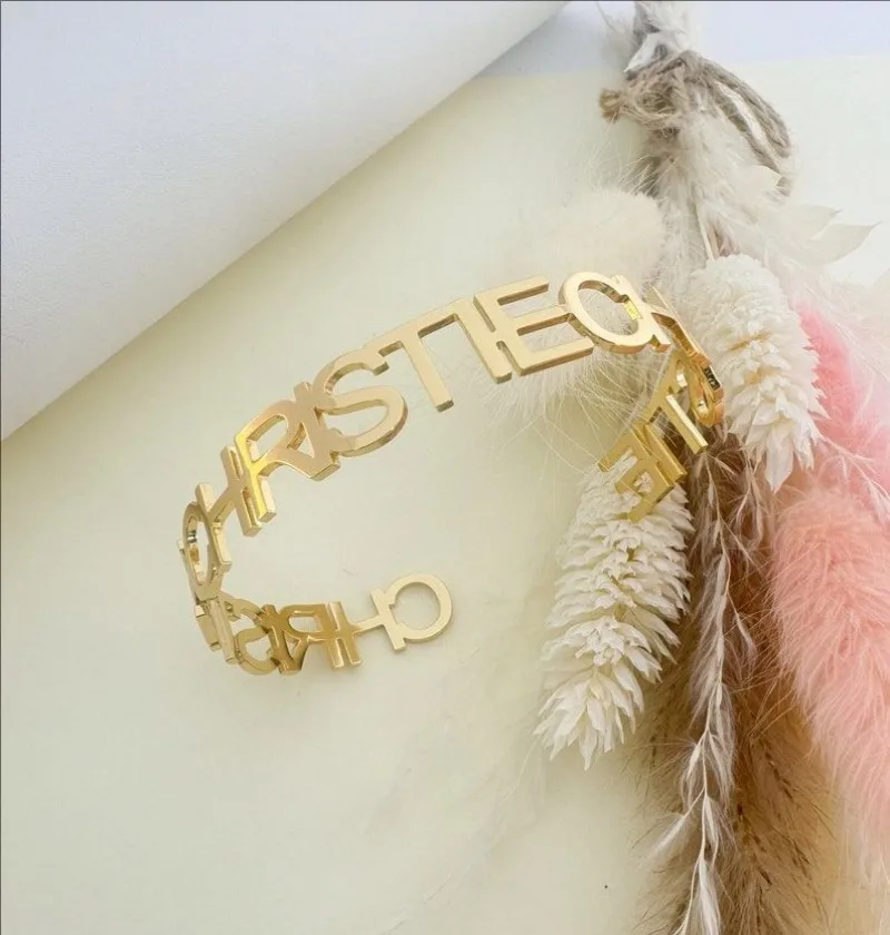Custom Name Cuff Bracelet Personalized Gold - Plated Open Bangle Jewelry Unique Handwritten Name Themed Bracelets Christmas Love
