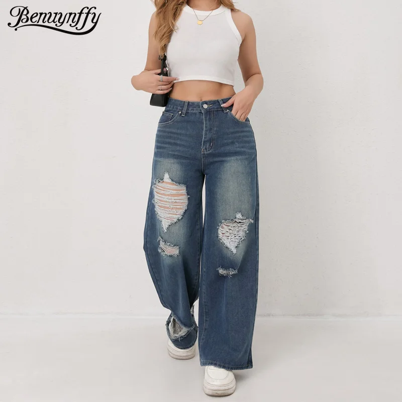 Benuynffy جينز أزرق ممزق عتيق للنساء عالي الخصر مستقيم فضفاض من قماش الدنيم ملابس الشارع الشهير بنطال ذو قصة أرجل واسعة