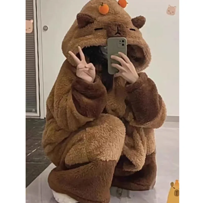 Capybara Pajamas Cosplay Cute Brown Jumpsuit Fluffy Coral Velvet Adult Children Pajamas Thick Plush Pajamas Spring Home Clothing