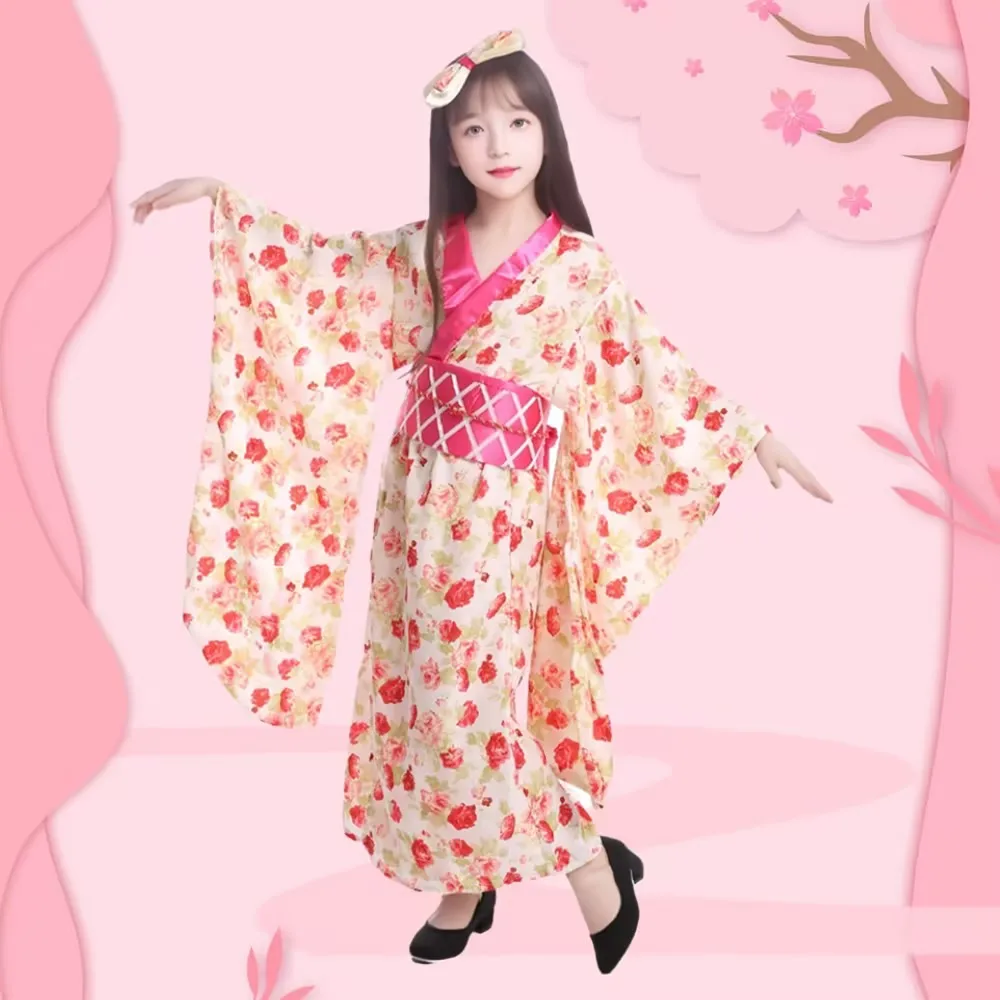 Girls Asian Princess Japanese Geisha Fancy-Dress Child Traditinal Kimono Style National Themed Party Outfit Halloween Costume