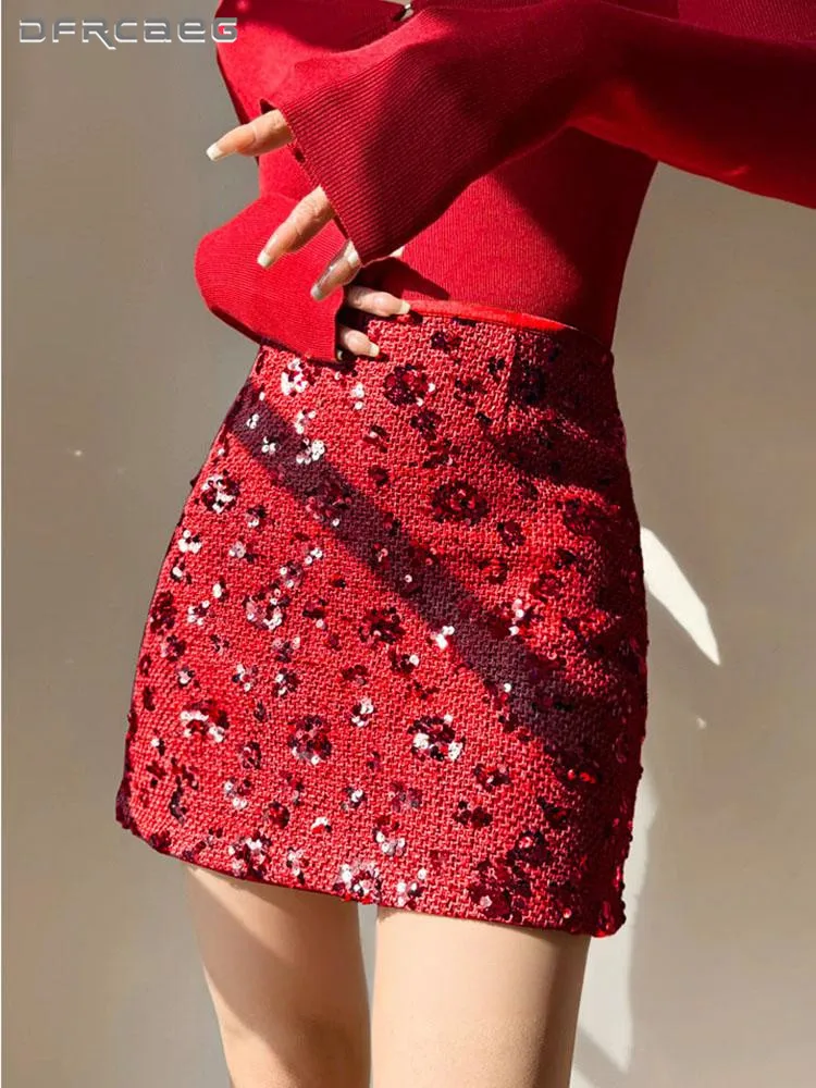 Christmas Red Women's Bling Tweed Pencil Skirt With Sequins Autumn Winter Slim Sexy Nigh Club Mini Short Skirts Woman