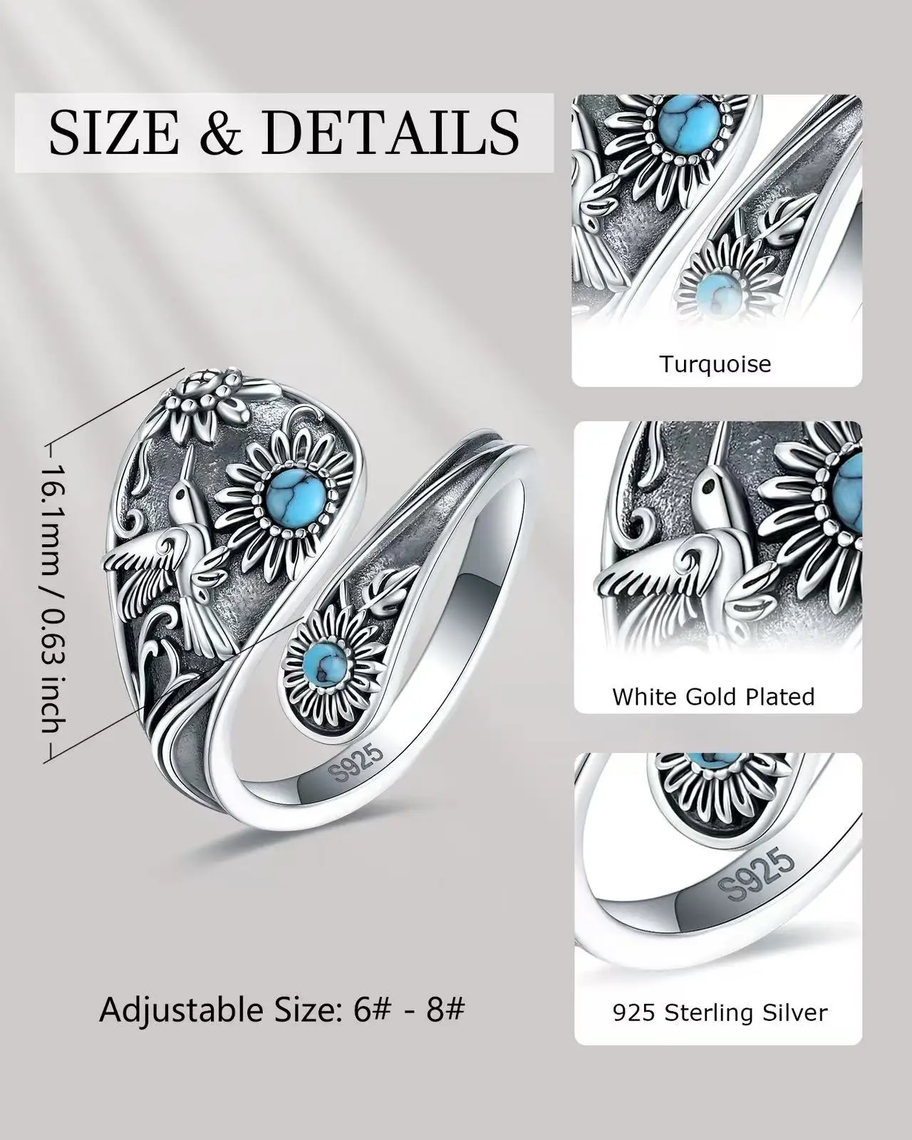 925 Sterling Silver Turquoise hummingbird Adjustable Ring Elegant Bohemian Style Jewelry Natural Vintage Gift for Women Wife
