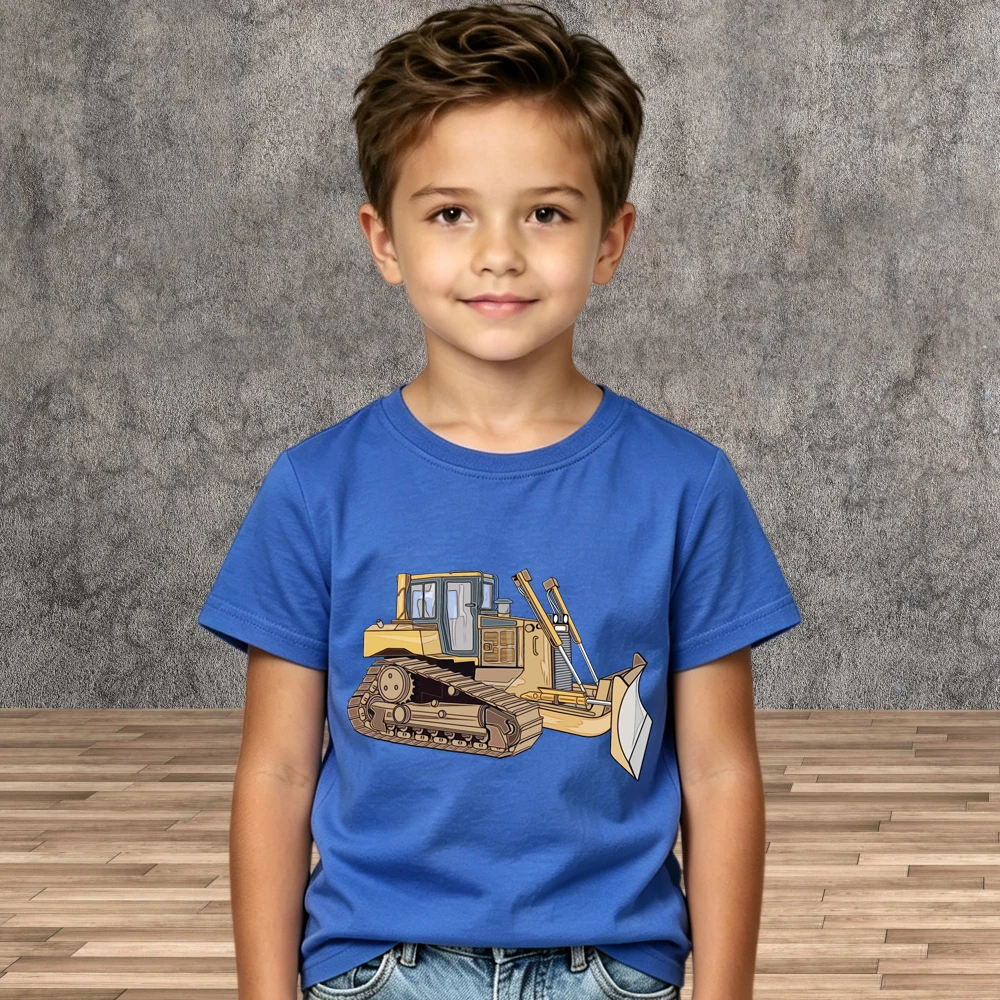 Travel Holiday Boys Excavator Tops Pure Cotton Children Summer Short Sleeve Tees Shirt