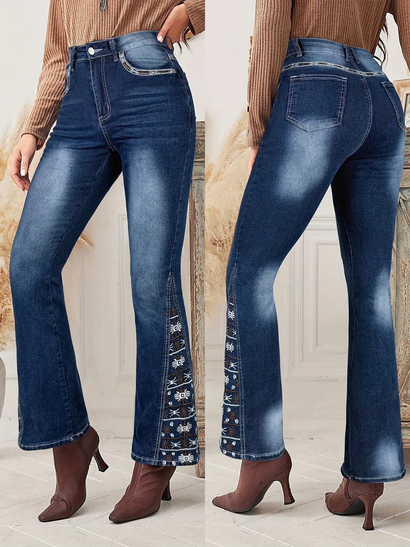 

Women's Floral Totem Embroidery Jeans Slanted Pockets High Waist Stretch Flared Denim Pants Practical Denim Trousers For Autumn