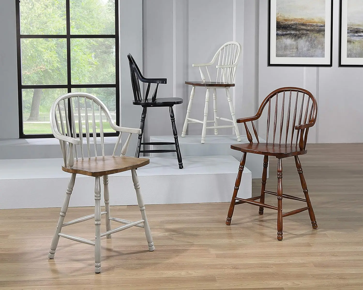 Andrews Windsor Barstool com braços, Counter Altura Stool, Branco Antigo e Castanha Brown, Conjunto de 2, 24"