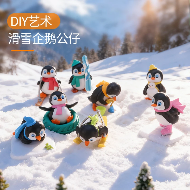 8pcs Crafts Mini Winter Skiing Penguin Miniature Figurine Christmas Figures for Fairy Garden Moss Terrariums DIY Decoration
