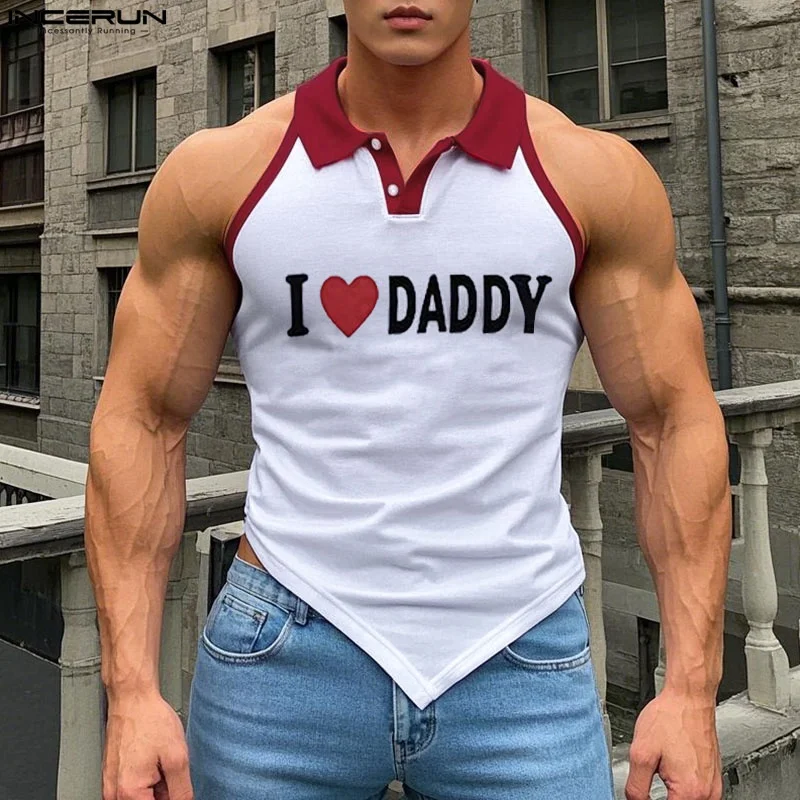 

INCERUN Men Tops Tee Sleeveless Fashion Print Men Tank Tops Irregular Male Vests Streetwear Summer Oversize S-5XL Lapel Tops