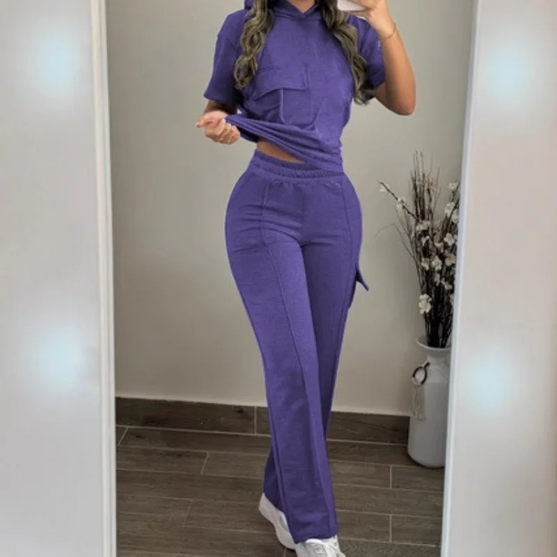 Hot-selling Models in Europe and America, Amazon Hot-selling Casual Solid-color Hooded T-shirt with Straight Pants Two-piece Set