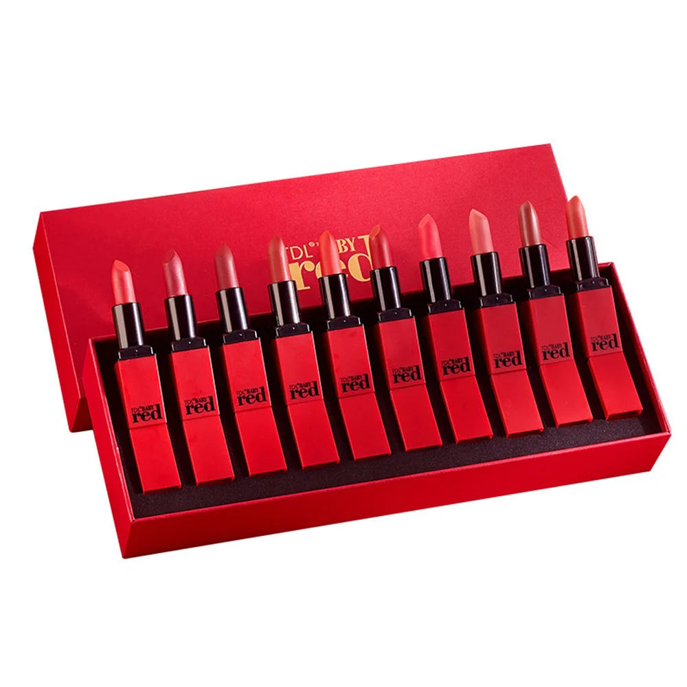 Pintalabios Retro de terciopelo líquido para mujer, lápiz labial rojo mate, maquillaje desnudo, caja de belleza impermeable de larga duración, regalo de cosméticos, 10 unids/set