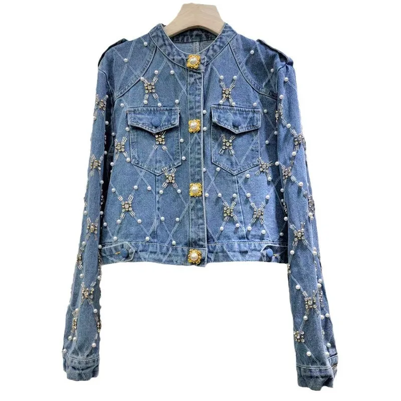 Fashion Diamond Pearl Denim Short Jackets Women's 2025 Spring and Autumn New Denim Coats Female Small Fragrant Chic Denim Jacket