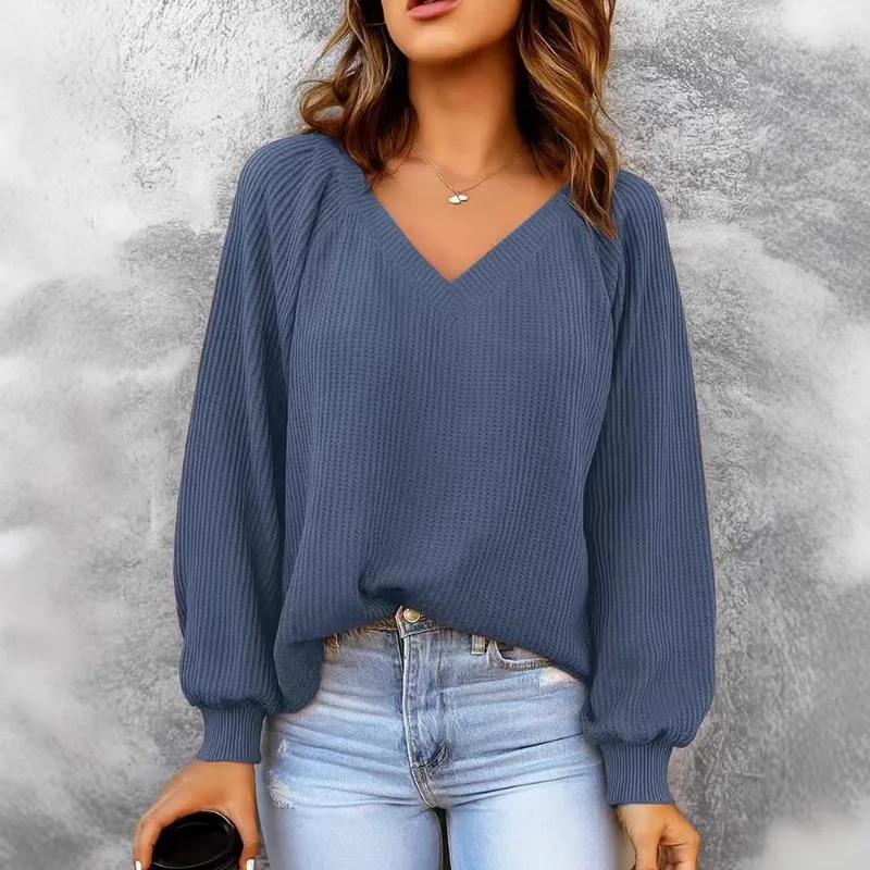 New Women's Casual V-neck Long-sleeved Pullover Loose Solid Color Multi-color Women's Sweatshirt
