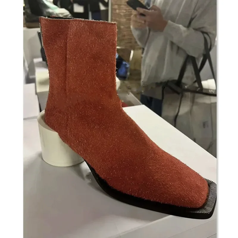 

Square Head Suede Versatile Back Zipper Fashionable Trendy Women's Thick Heel Height Increasing Slim Short Boots For Women