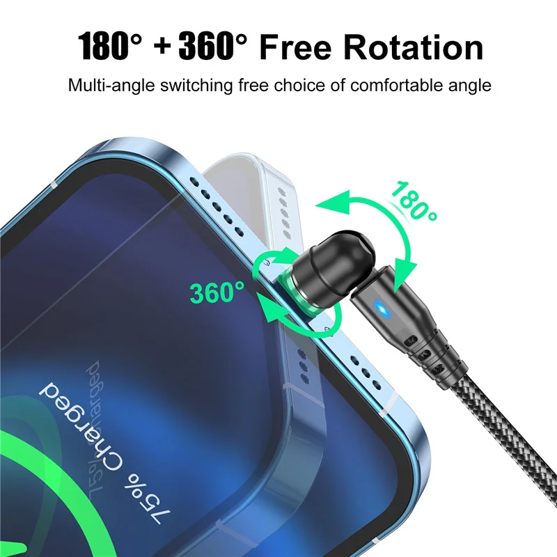 Uslion pd 60w 3a carregamento rápido 540 ° girar o cabo magnético qc3.0 4.0 micro usb tipo c cabo para iphone 13 samsung s22 xiaomi 11