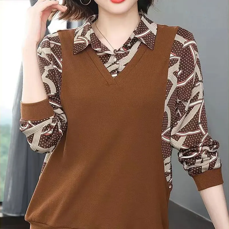 Frühling Herbst gefälschte zweiteilige Bluse Vintage Langarm bedruckte Damen bekleidung pendeln Revers Knopf stilvolle Patchwork-Shirt