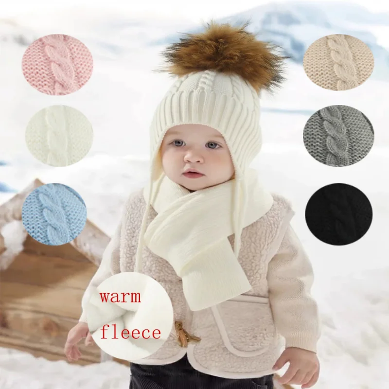 جديد وصول الأطفال ريال الراكون الفراء الكرة زغب قبعة وشاح مجموعة الخريف والشتاء تويست محبوك الدافئة Earflaps قبعات الرقبة أدفأ