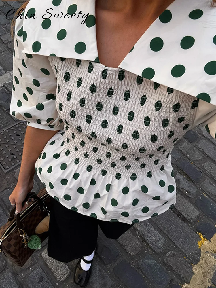 

Casual Polka Dot Waist-closed Shirts Women Loose Lapel Puffy Sleeve Tops Female 2025 Spring Summer Lady Chic Commute Shirt New