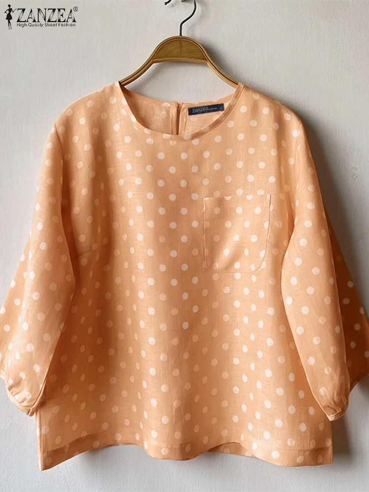ZANZEA Women Polka Dot Blouse O Neck 3/4 Sleeve Summer Tops 2025 Fashion Pockets Elegant Tunic Oversized Casual Loose Pullovers