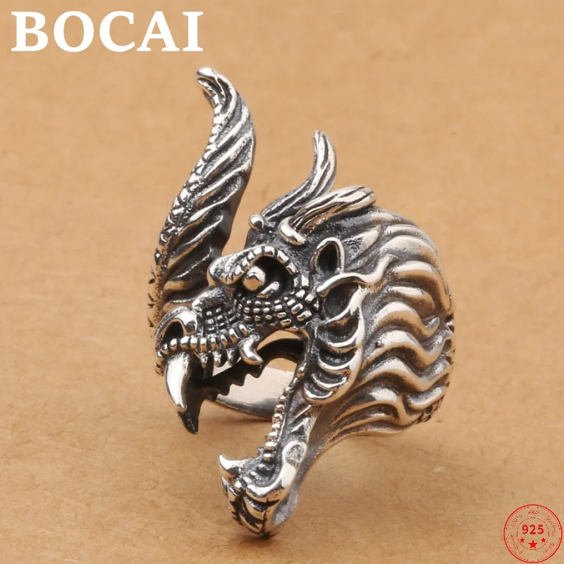 

BOCAI S925 Sterling Silver Charms Rings for Men New Fashion Retro Exaggerated Chinese Loong Adjustable Jewelry Free Shipping