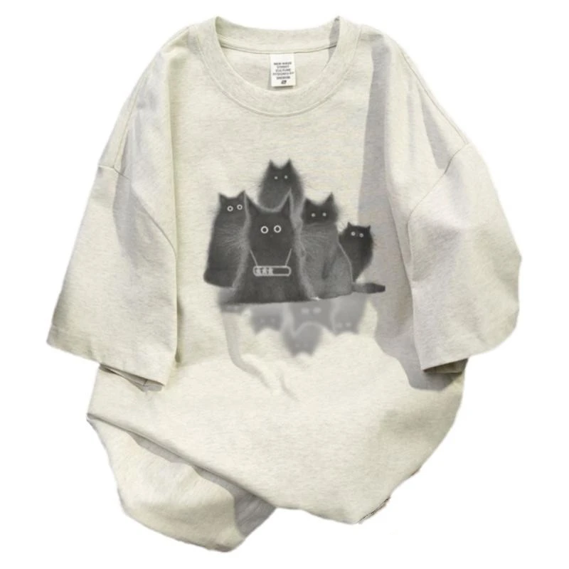 เสื้อคอตตอนพิมพ์ลายแมว2024สำหรับผู้หญิงใส่ฤดูร้อน Y2K ลำลองแขนสั้นทรงหลวมเสื้อยืดคอกลมสูงสไตล์ฮาราจูกุน่ารักไซส์ใหญ่พิเศษ