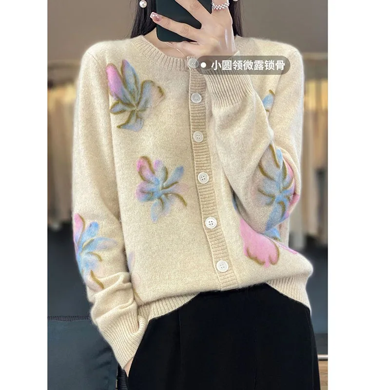 Cardigan fleuri pour femme, beau haut à manches longues, pull beige, veste de printemps et d'automne, nouveau, 2024