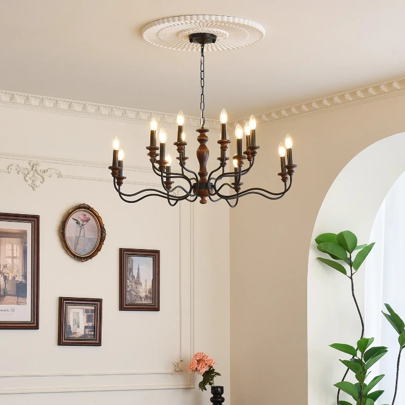 

American Retro Black Wrought Iron Chandeliers Wooden Pendant Lights Living Room Restaurant Bedroom Kitchen Candle Hanging Lamps