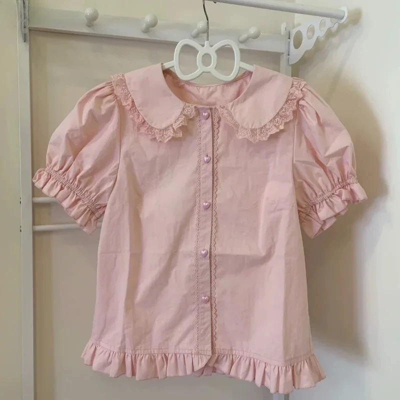 Sommer Japanische Kawaii Lolita Shirts Frauen Süße Puff Kurzarm Spitze Rüschen Schlank Blusen Mädchen Nette Y2k Kleidung Tops Blusas