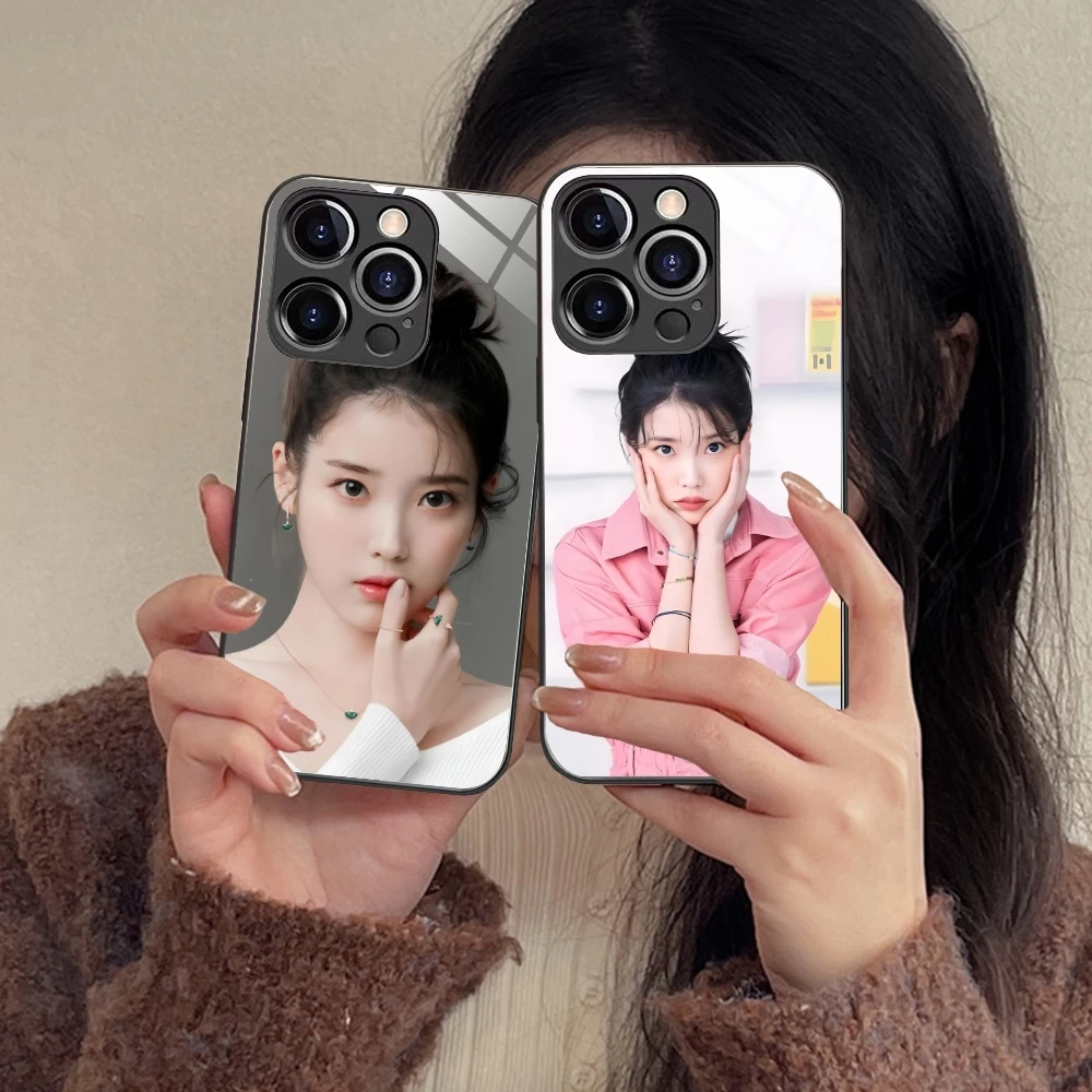 KPOP IU Lee JiEun Mobile Cell Phone Case for iPhone 15 14 13 12 11 X XR XS 8 Pro Max Plus Mini PC Glass Phone Cover Shell