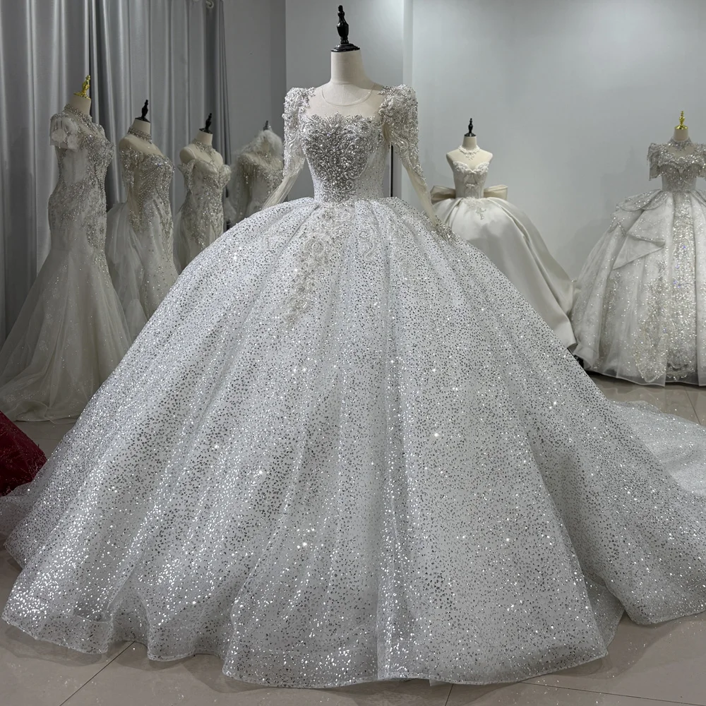Vestidos De Noiva Casamento manga larga cuello redondo ojo De cerradura espalda vestido De novia rebordear lentejuelas estrella vestido De bola De cristal vestido De novia