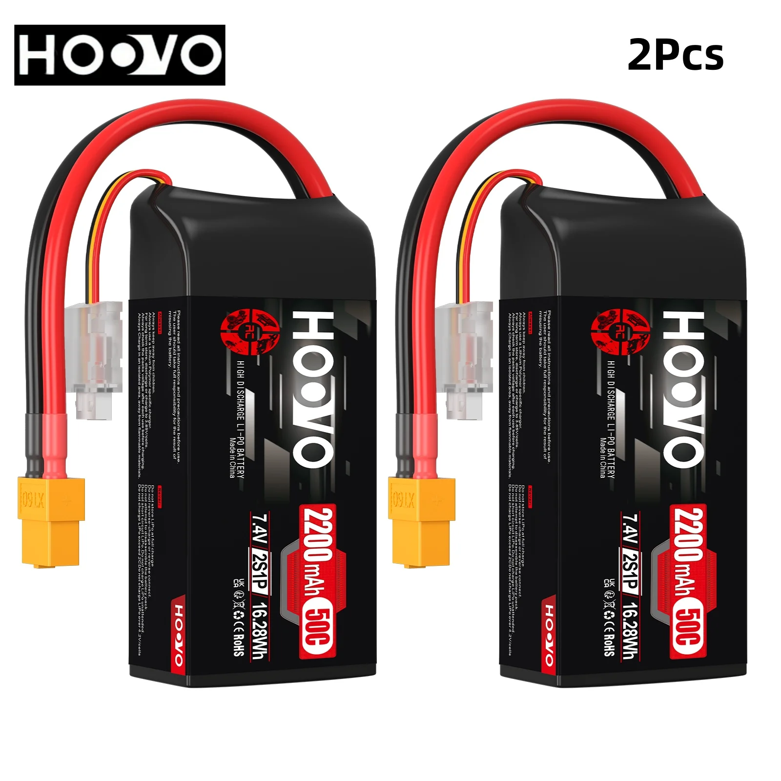 HOOVO 2S 7.4 V Lipo Battery 2200 mAh 50C SoftCase Short Pack RC Lipo Battery with XT60 Plug for 1:16 RC Car Helicopter Airplane