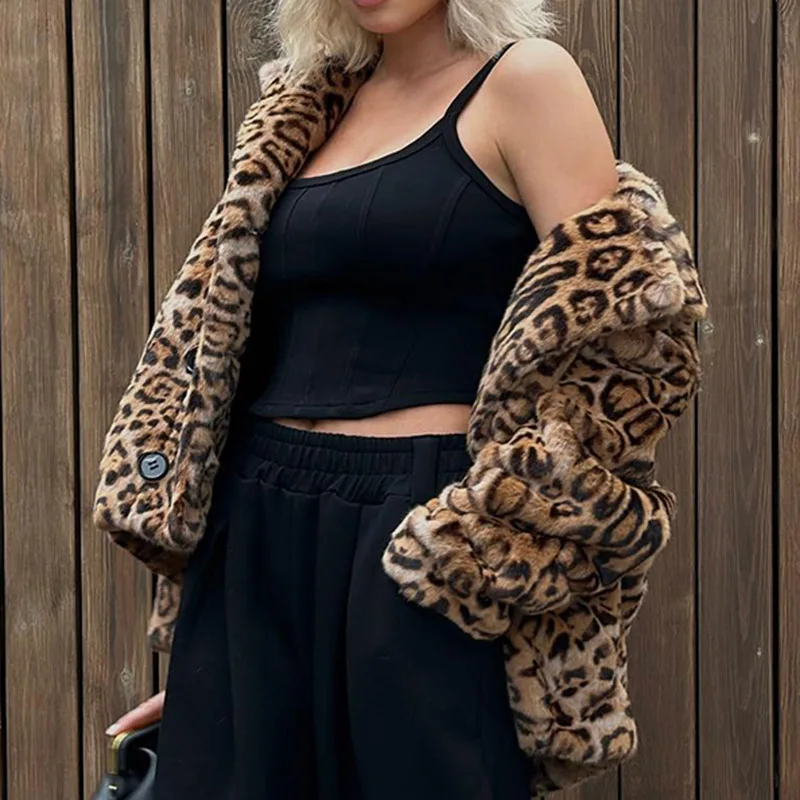 Short Version Leopard Brown Coat For Women Winter Warm Wear Niche Design Thicken Loose Thermal Long Sleeve Clothing Streetwear