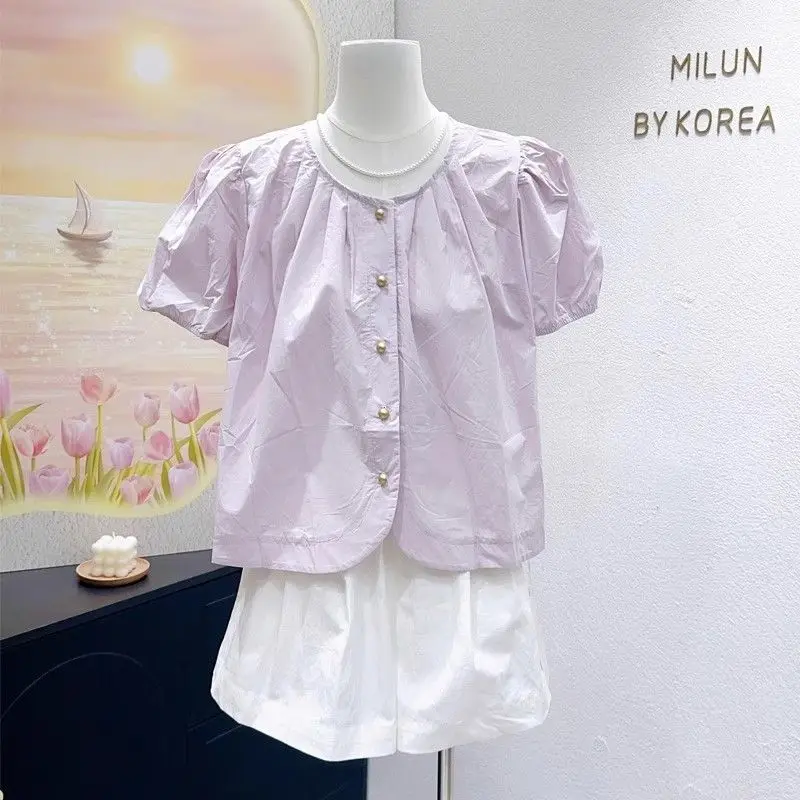 

French Style Bubble Sleeve Shirt for Women Summer Casual Folds Short Sleeves Sweet Chic Cardigan Tops Fashion Women Clothing