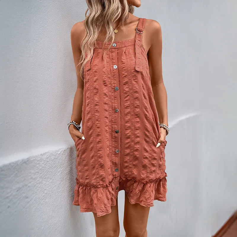 

2025 Summer Halter Skirt Solid Color Texture Pleated Women's Dress