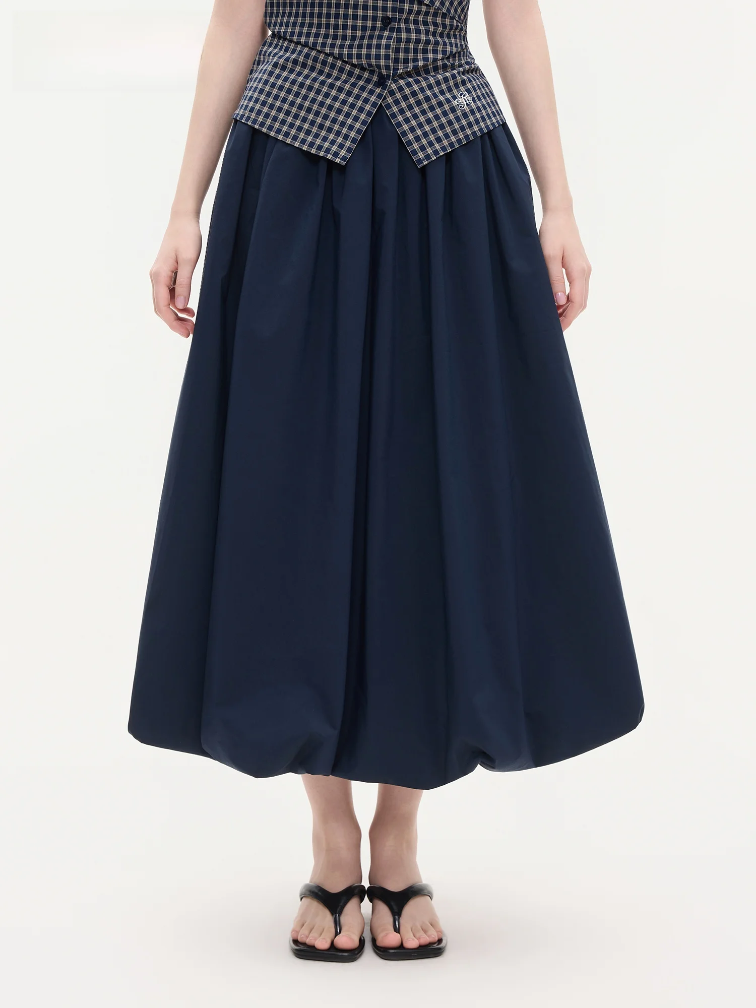 

Повседневная юбка миди А-силуэта с высокой талией, весна-лето, новый стиль, эластичный пояс, скрытая отделка с синими цветочными бутонами, женская модная одежда