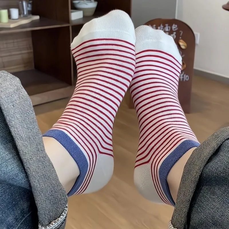 5/10 Paar gestreifte kurze Socken für Damen, Sommer, leicht, atmungsaktiv, modisch, koreanische Version, Dopamin-Stil, Freizeitsocken – Detail 8