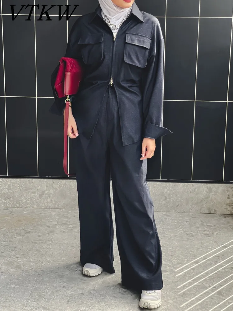 

VTKW Collar Design Pull-tab 2025 Spring Style Solid Color Woman's Blazer High-quality Pants Versatile And Loose Two-piece Set