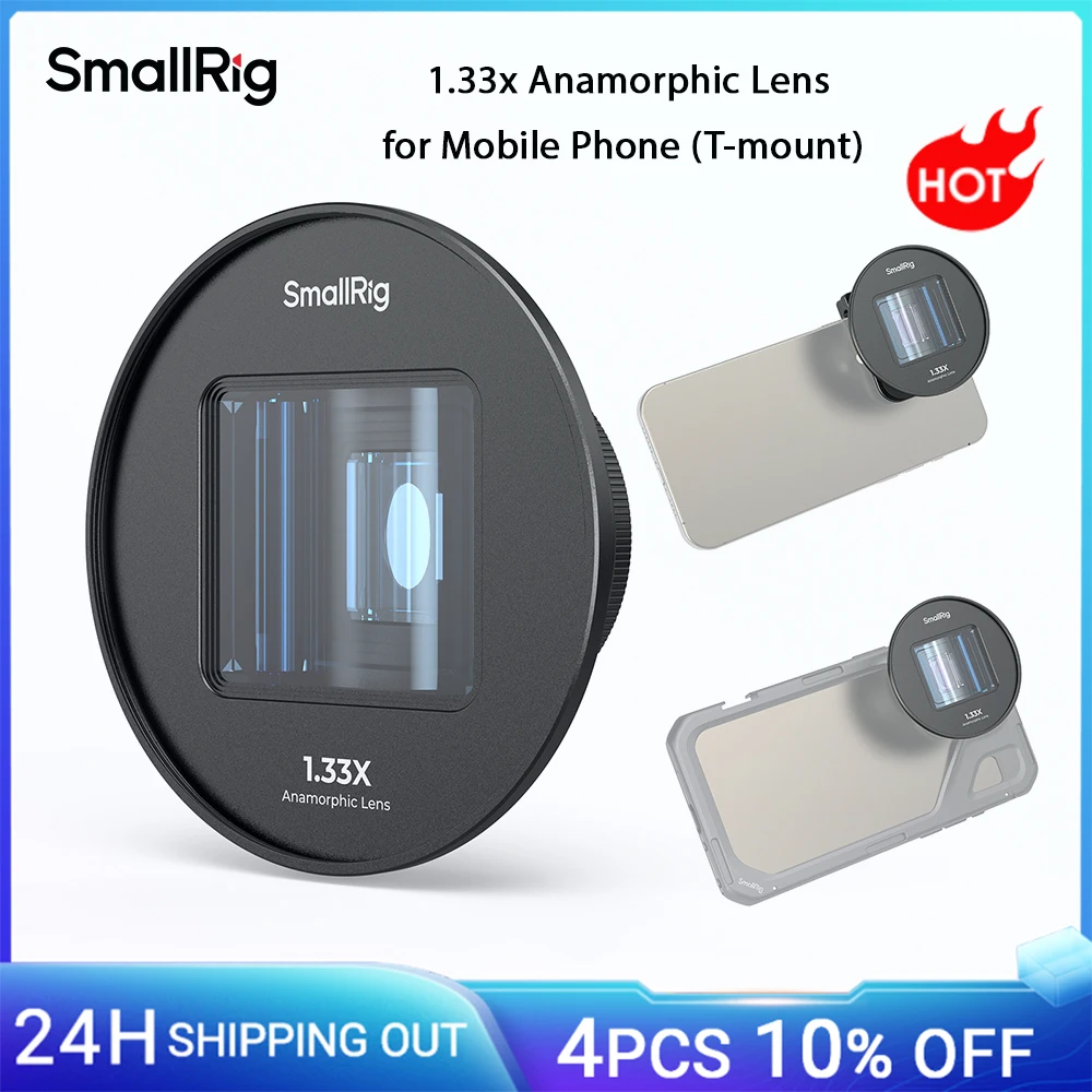 

Анаморфотный объектив SmallRig 1,33x для мобильного телефона (T-образное крепление) для iPhone 16/15/14/13 для Samsung S21/S22 серии для Xiaomi 13-4590