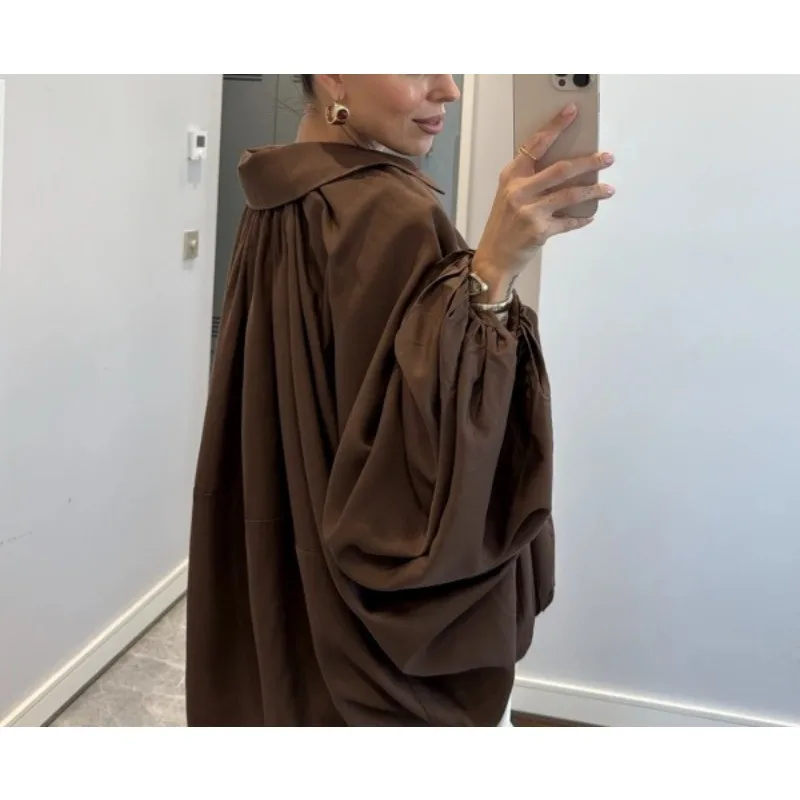 

Krismile 2026 Spring Trendy Women's Jacket Brown Loose Folds Turn Down Collar Wide Sleeve Zipper Coats & Jackets for Female