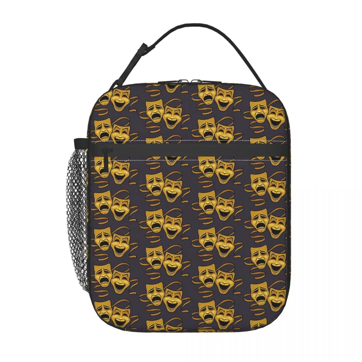Gold Comedy And Tragedy Theater Masks Insulated Lunch Bag for Women Kids Leakproof Food Boxes Thermal Lunch Box Tote