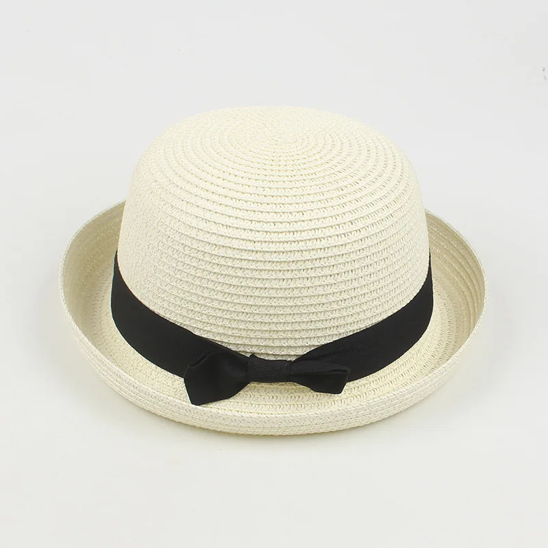 Women\'s Summer New Travel Korean Edition Curled Fashionable Top Hat Cute Round Top Simple and Casual Bow Straw Hat