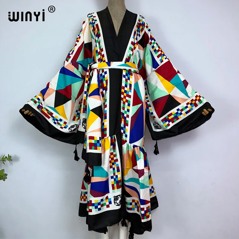 2022 WINYI autumn Women kimono fashion elegant Vintage printing boho caftan Waist seal abaya Dress long Sleeve Casual Kaftan