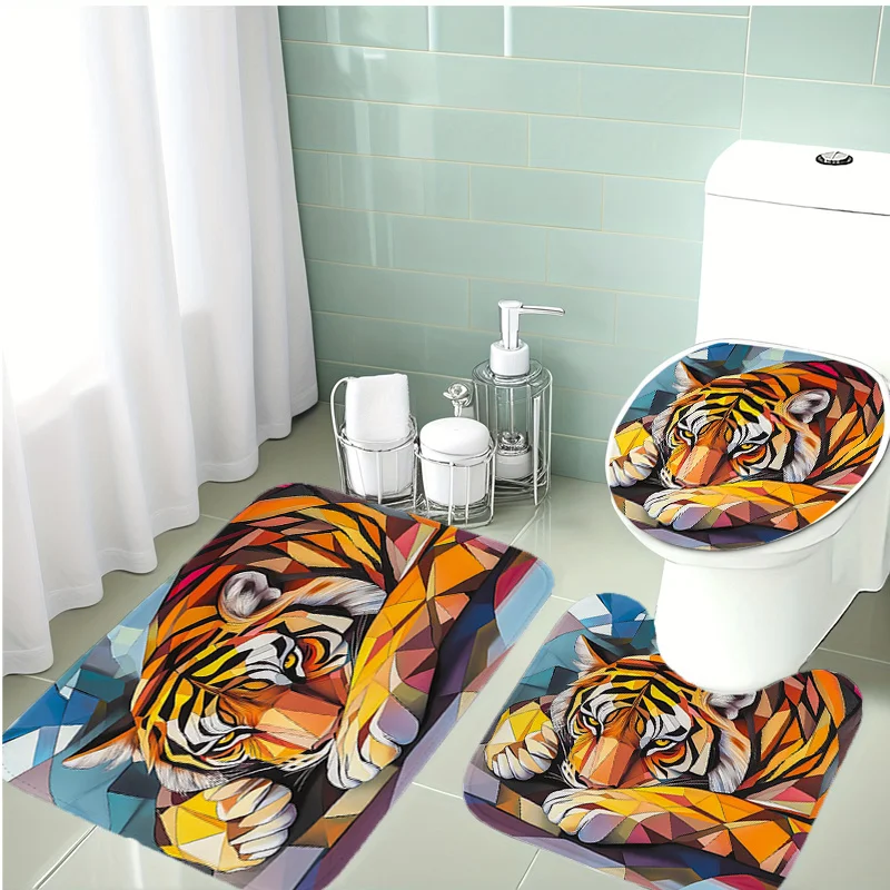 

3pcs Modern Geometric Tiger Bath Rug & Toilet Cover - Orange/Blue/Purple Soft Non-Slip Bath Mat, Thick Suitable for Bathrooms