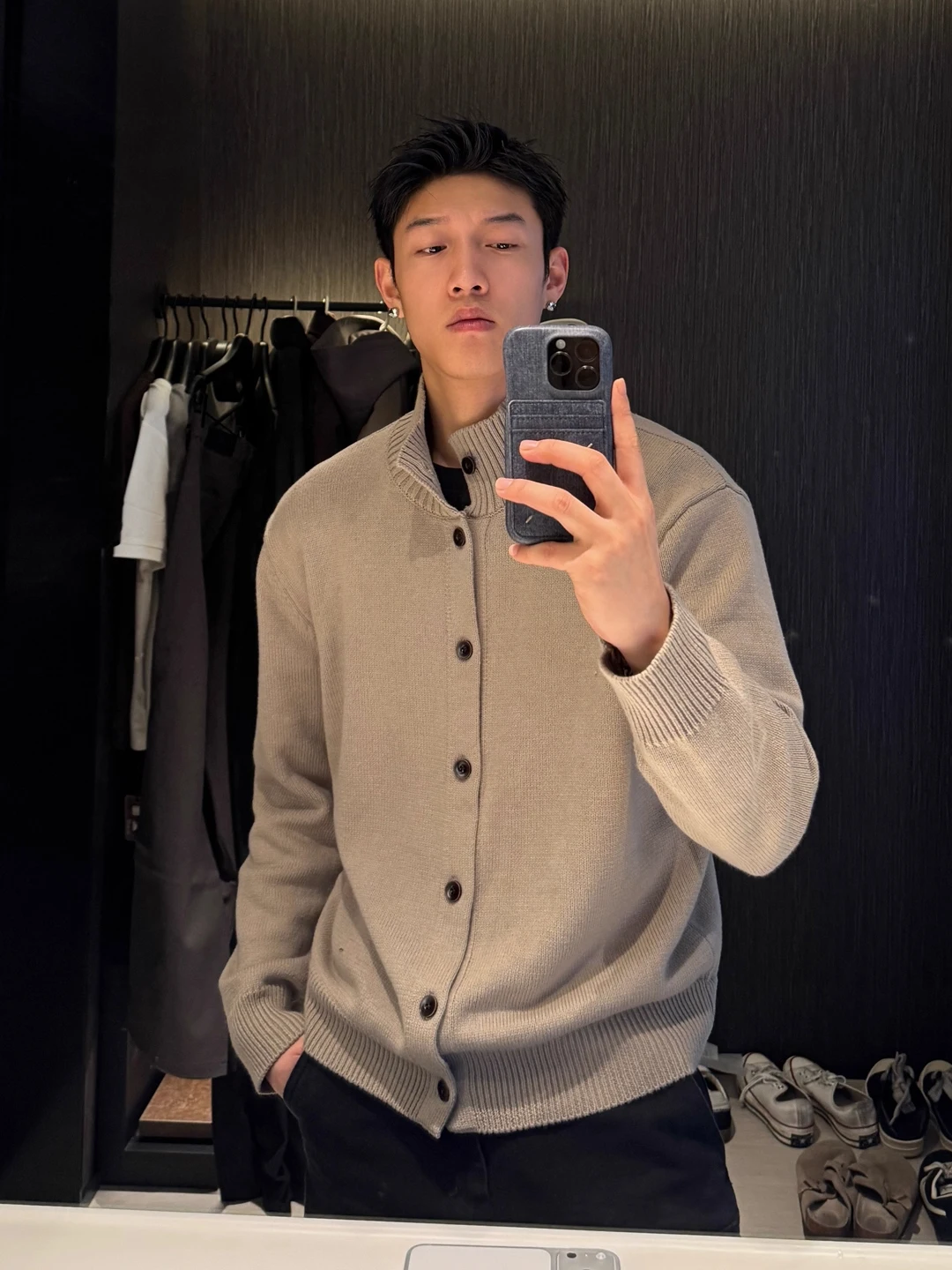 

Мужской кардиган-свитер из трикотажа с воротником-стойкой, однотонный, с немецкими пуговицами, высококачественная длинная верхняя одежда