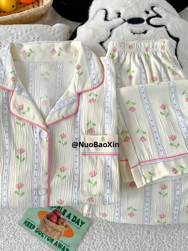 Sweet  Spring Autumn Women's Sleepwear High Aesthetic Pleated Fabric Long Sleeve Long Pants Home Clothes Set Casual Style