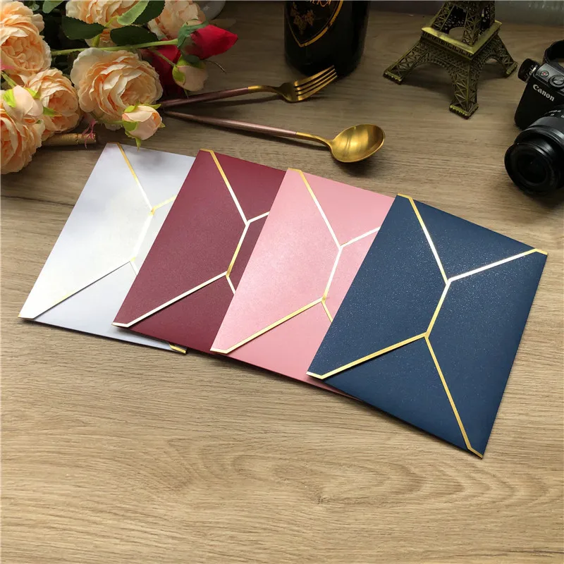 50 Pieces 250gsm Pearl Paper White Pink Envelopes Gold Edge Vintage Wedding Party Invitation Gift Envelope 138x195mm EN01