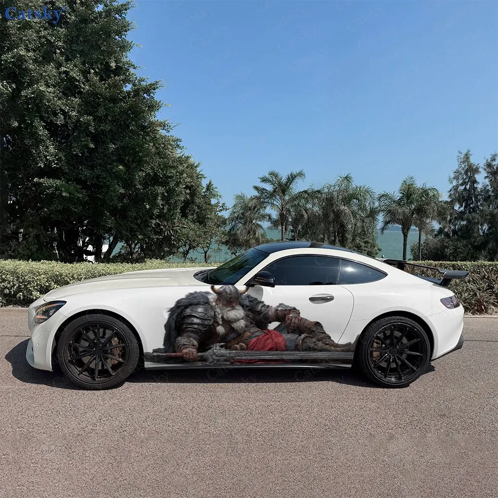 2pcs Horn Helmet Armored Bearded Warrior Car Side Wrap, Self-Adhesive PVC Waterproof & Scratch-Resistant Stickers, Car Accessory
