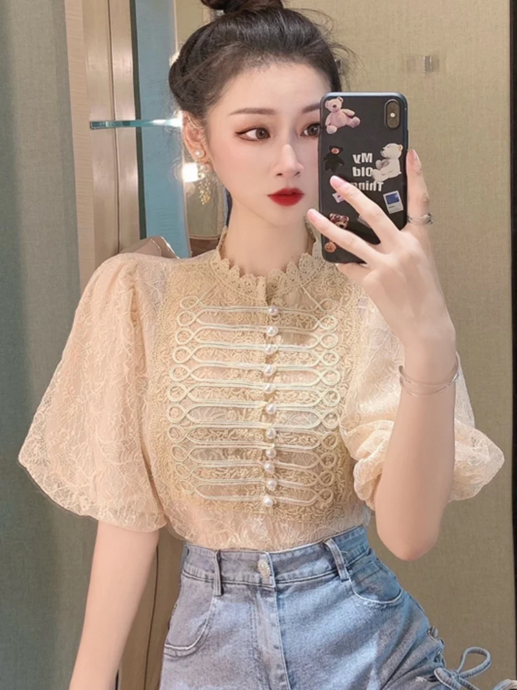 Zoki Chic Puff Sleeve Sweet Lace Blouse Women Elegant Korean Design Shirt Casual Fashion Female Pearl Buttons O Neck Tops New