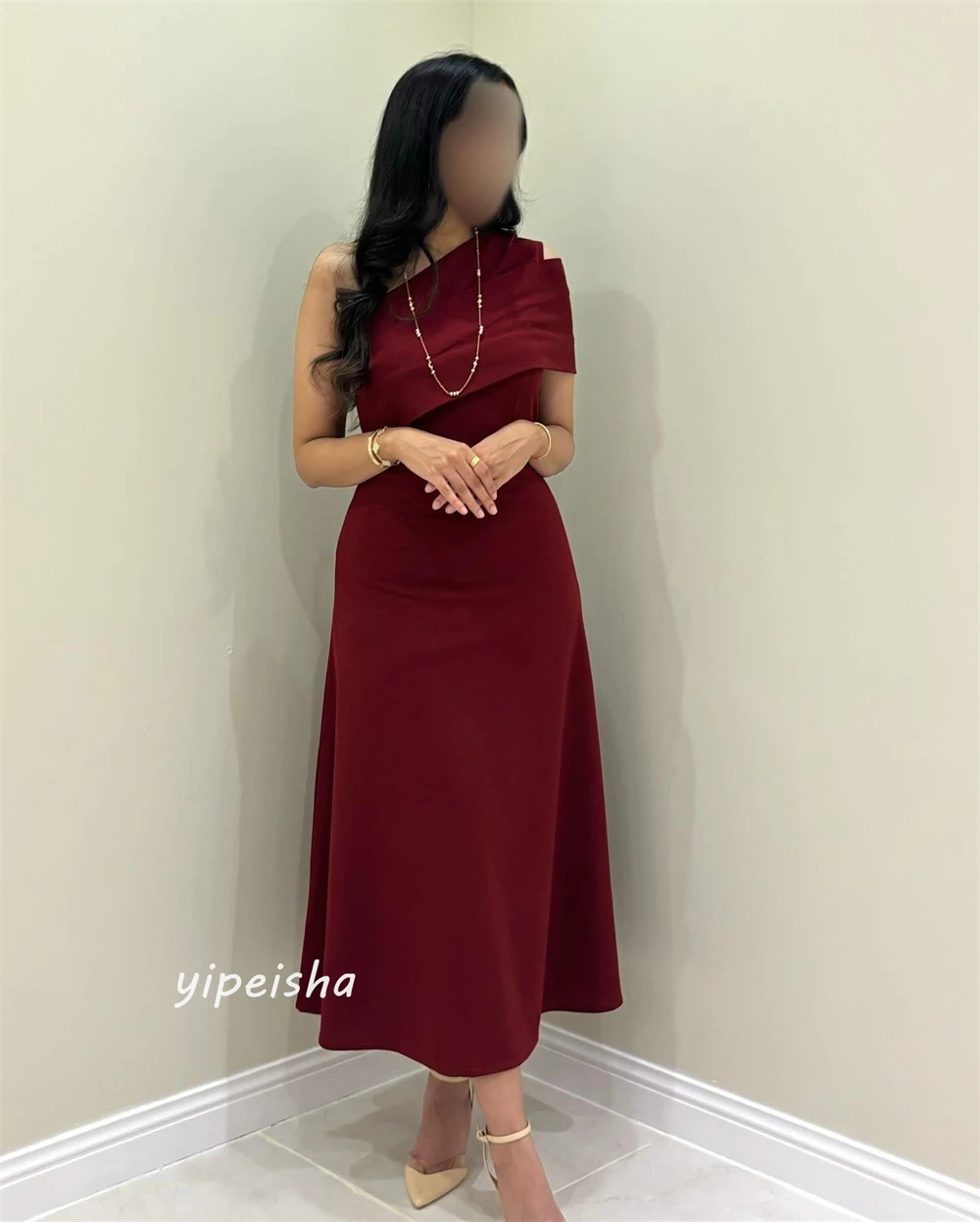 Jiayigong  Satin Draped Pleat Christmas A-line One-shoulder Bespoke Occasion Dresses Ankle-Length