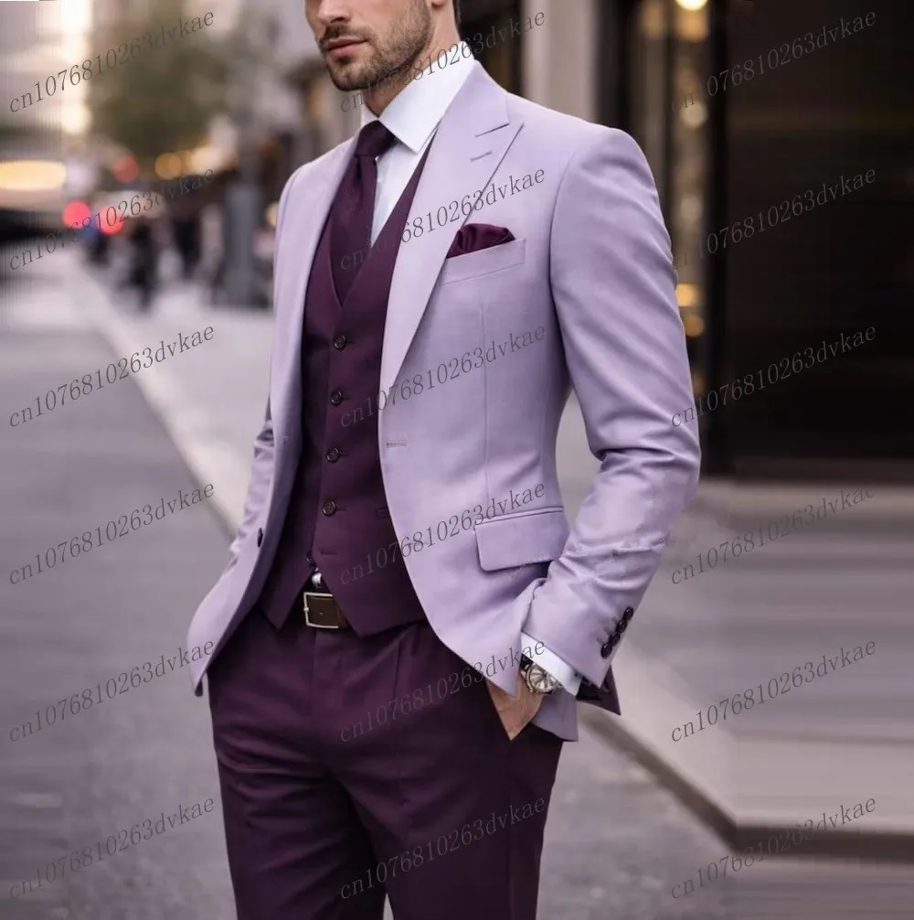 

Light Purple And Purple Men Suit Wedding Party Formal Groom Groomsman Prom Business Male Tuxedos 3 Piece Set Jacket Vest Pants