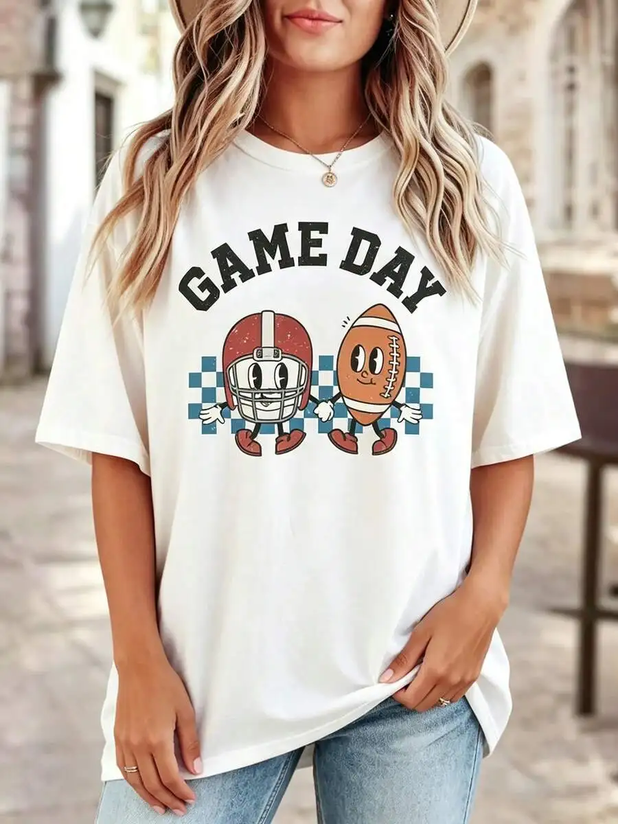 Women Trendy Game Day Football Print T Shirt Short Sleeve Loose Fit Spring Summer Sports Everyday Wear Casual Top