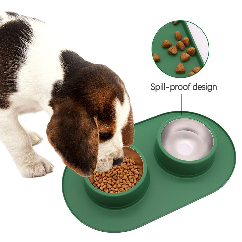 

Large Capacity Stainless Steel Double Dog Bowl Removable Drinking Feeding Cat Bowl with Non-slip Mat Pet Food Storage Container
